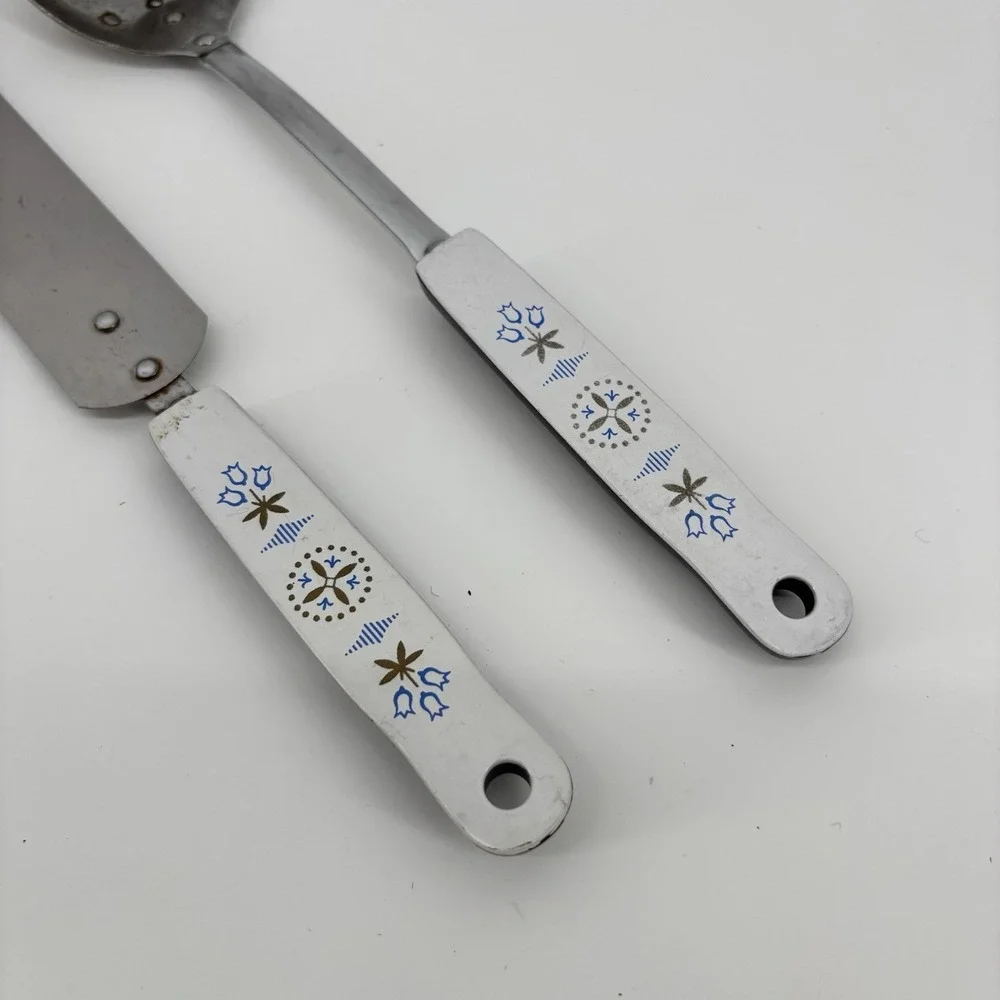 Vintage Ecko Blue Flower Dutch Tulip Stainless Cooking‎ Slotted And Cake Knife